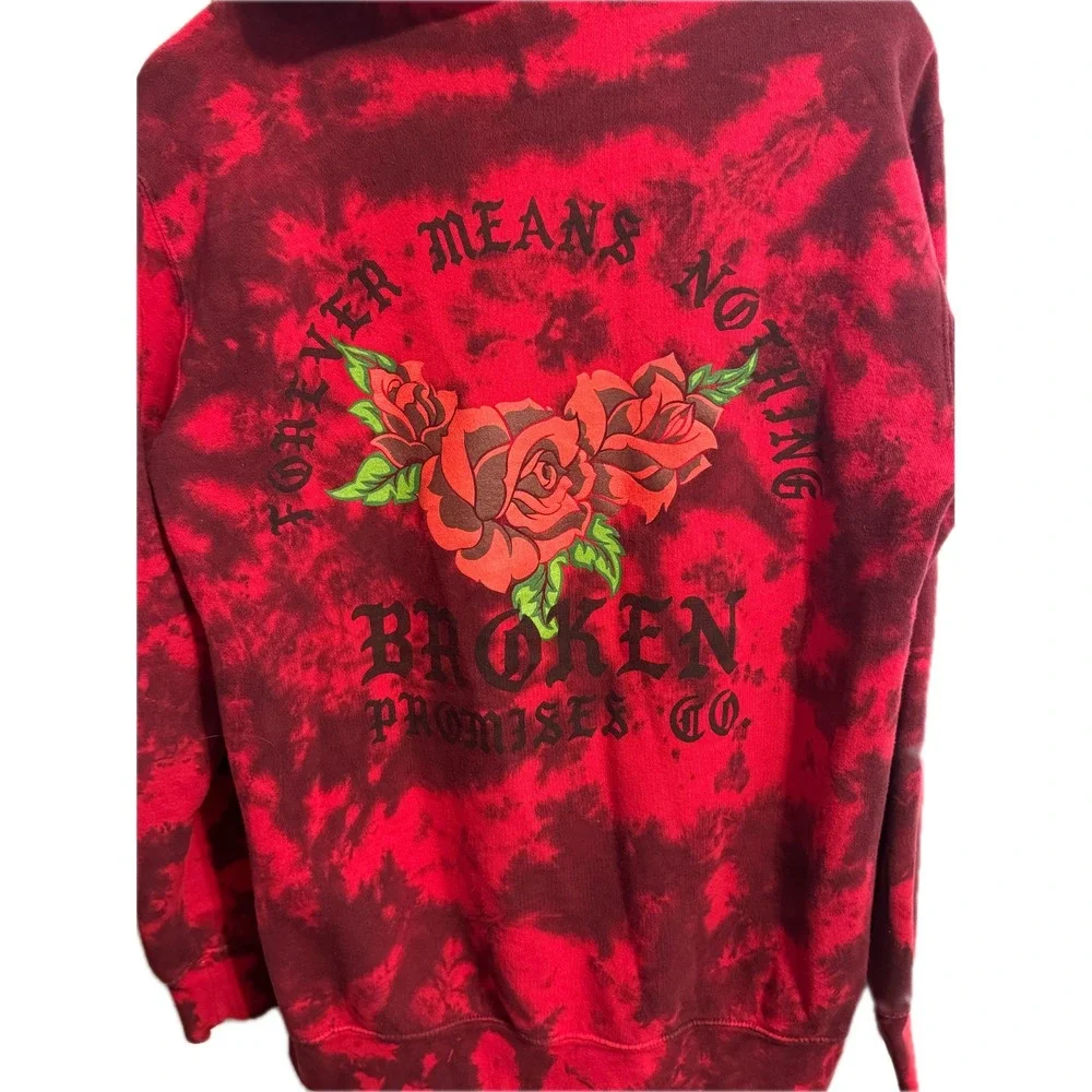 Broken Promises Pullover Hoodie Size M Red Black Tie Dye Rose Graphic